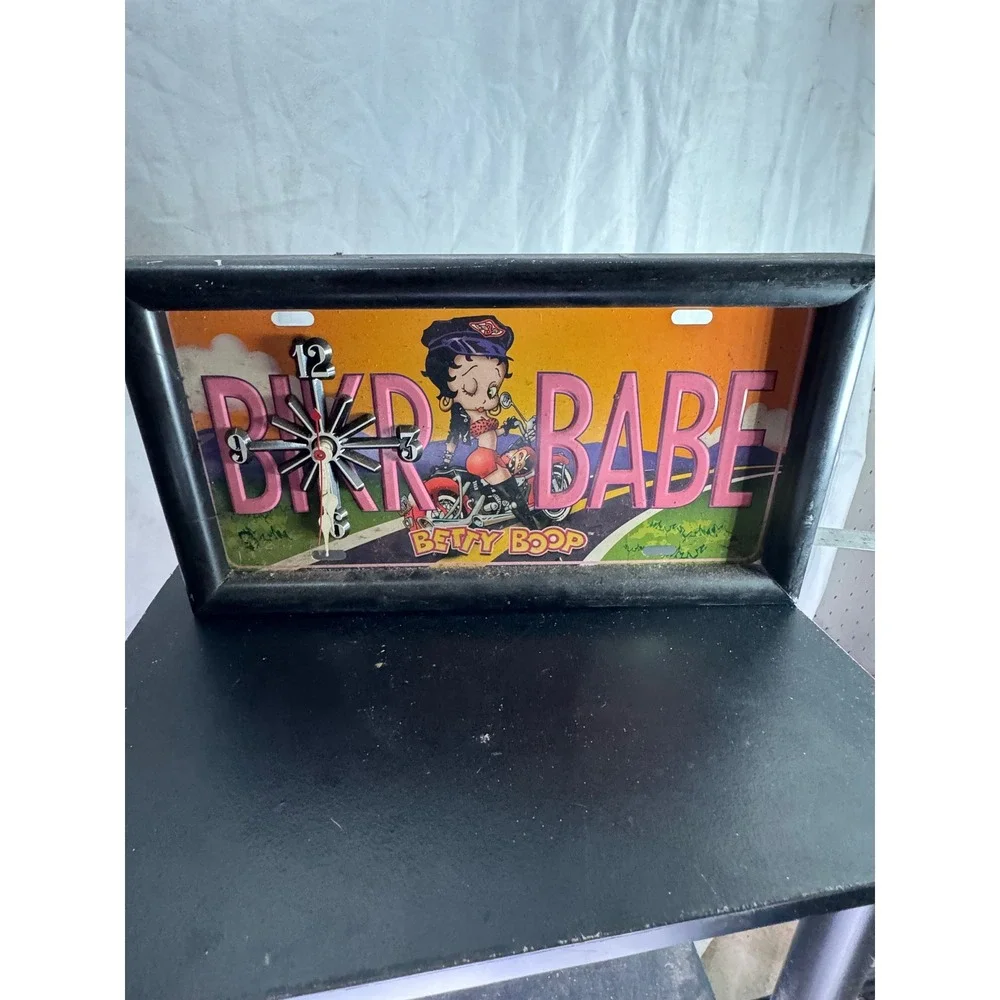 Betty Boop Biker Babe License Plate Wall Clock Retro Motorcycle DecorBlack Frame